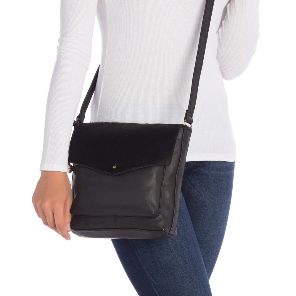 LUCKY BRAND Rela Large Crossbody Bag Black Leather Calf Hair New NWT